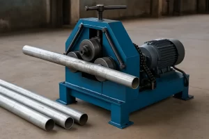 دستگاه لوله صاف‌کن داربست فلزی آبی‌رنگ در کارگاه صنعتی، در حال صاف کردن لوله فولادی با سه غلتک فلزی و موتور برقی قدرتمند، بدون نوشته و در پس‌زمینه واقعی.