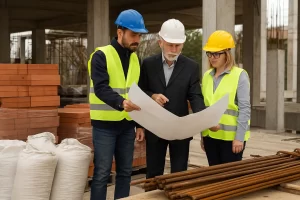 کارگران و مهندسان در حال بررسی نقشه‌های ساختمانی در کارگاه، در کنار مصالح پای کار مانند میلگرد، آجر و کیسه‌های سیمان، برای برآورد و محاسبه مصالح طبق فهرست بها. 