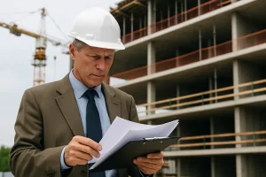 مهندس ناظر در محل پروژه عمرانی در حال بررسی مدارک و نقشه‌ها، با کلاه ایمنی سفید و پس‌زمینه سازه در حال ساخت و جرثقیل زرد.