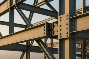 «نمای نزدیک از اتصال انبساطی در سازه فولادی مدرن؛ جزئیات تیر و ستون فولادی با پیچ‌ و صفحه اتصال در نور طبیعی، مناسب برای توضیح مفهوم انبساط حرارتی فولاد» 