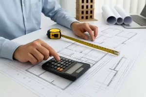 «معمار در حال محاسبه زیربنای ساختمان روی نقشه‌های معماری با استفاده از متر و ماشین‌حساب، در کنار ماکت چوبی ساختمان و نقشه‌های لوله‌شده روی میز کار» 