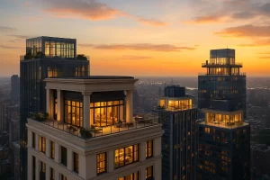  نمای هوایی از پنت‌هاوس‌های لوکس در بالاترین طبقات برج‌ها هنگام غروب آفتاب، با تراس‌های بزرگ و نور گرم درخشان در میان آسمان شهر