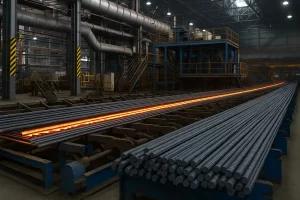 خط تولید میلگرد در کارخانه فولاد ایران با شمش‌های داغ و ردیف میلگردهای تازه تولید شده.