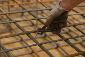 کارگر ساختمانی در حال بستن میلگردها با انبر آرماتوربندی روی شبکه فولادی در کارگاه عمرانی