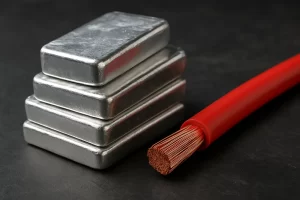 تصویر واقعی و باکیفیت از چند شمش نقره براق روی‌هم چیده‌شده در کنار یک کابل مسی با روکش قرمز که بخش انتهایی آن باز شده و رشته‌های مسی داخلش دیده می‌شوند، روی زمینه‌ای تیره و با نور نرم گرفته شده است. 