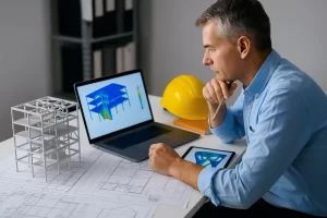  مهندس سازه در حال بررسی مدل سه‌بعدی تحلیل تنش و نقشه‌های فنی بر روی لپ‌تاپ و میز کار. 