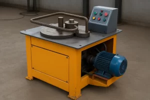 دستگاه خاموت‌زن صنعتی زرد و آبی در کارگاه بتن، مجهز به موتور برقی و صفحه خمکاری میلگرد