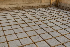 شبکه میلگرد دال بتنی قبل از بتن‌ریزی در کارگاه، نمای سه‌چهارم، بدون نوشته" 