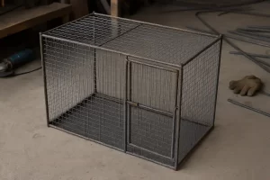  قفس فلزی مستطیلی ساخته‌شده از میلگرد و توری گالوانیزه در کارگاه آهنگری، آماده برای رنگ‌آمیزی و استفاده برای پرندگان یا مرغ‌ها.
