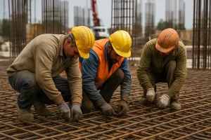 کارگران در حال بستن میلگرد روی شبکه آرماتور فونداسیون در کارگاه ساختمانی، با کلاه ایمنی و دستکش،