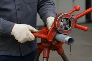 کارگر در حال حدیده‌کاری دستی روی لوله فولادی گالوانیزه با ابزار قرمز در کارگاه صنعتی