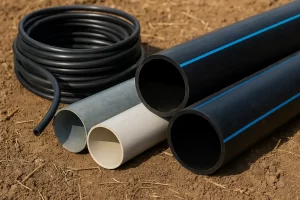 انواع لوله‌های آبرسانی کشاورزی شامل لوله پلی‌اتیلن، PVC، گالوانیزه و شیلنگ آبیاری روی خاک مزرعه