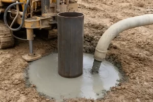 اجرای لوله کیسینگ در محل حفاری با استفاده از تجهیزات صنعتی و سیمان‌کاری در اطراف لوله فولادی
