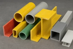 پروفیل‌های رنگی فایبرگلاس (FRP) شامل تیر، ناودانی، نبشی و لوله در ابعاد مختلف بر روی سطح خاکستری