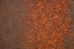 «تصویر نزدیک از سطح فلز زنگ‌زده با لایه‌های پوسته‌ای اکسید آهن به رنگ قهوه‌ای و نارنجی که فرآیند زنگ‌زدگی را به‌صورت واقعی و طبیعی نشان می‌دهد.»