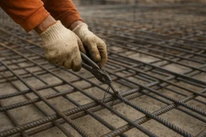 بستن و اورلب میلگردها توسط کارگر ساختمانی با استفاده از سیم و انبر در محل آرماتوربندی فونداسیون» 