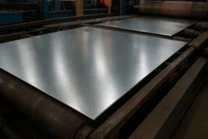 ورق‌های روغنی فولادی براق روی خط تولید کارخانه، در حال عبور از بین غلتک‌های صنعتی 