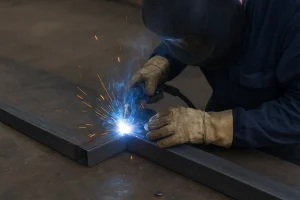 تصویر یک نفر که با تجهیزات ایمنی شامل دستکش و ماسک محافظ در حال جوشکاری است. جرقه‌ها و نور آبی رنگ جوشکاری در حال ایجاد شدن هستند و فرد بر روی یک قطعه فلزی مشغول کار است. 