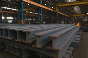  تیرآهن‌های فولادی درون کارخانه تولید فولاد، چیده‌شده روی هم در فضای صنعتی با جرثقیل‌های سقفی زرد و ستون‌های آبی در پس‌زمینه 