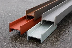  تصویر واقعی از چند تیرآهن با پوشش‌های مختلف (ضد زنگ، گالوانیزه و معمولی) روی سطح مرطوب، برای نمایش مقاومت تیرآهن‌ها در برابر رطوبت. 