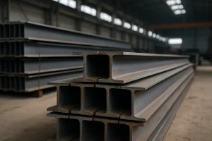 «نمای نزدیک از تیرآهن 22 (IPE 22) چیده‌شده در انبار کارخانه فولاد، با مقطع I شکل و سطح فلزی تمیز در محیط صنعتی»