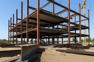 اسکلت فلزی در حال ساخت یک ساختمان سه‌طبقه با تیرآهن‌های IPE در کارگاه ساختمانی زیر آسمان آبی، همراه با تیرآهن‌های قرار گرفته در پیش‌زمینه.