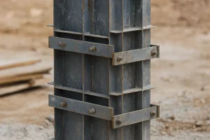  قالب فلزی ستون با استیفنرهای افقی و عمودی در کارگاه بتن‌ریزی 