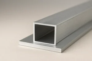 ناودانی آلومینیومی U شکل با سطح براق و صیقلی روی صفحه فلزی در پس‌زمینه روشن