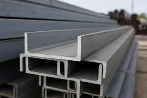 ناودانی‌های فولادی UPE با سطح مقطع U شکل و بال‌های موازی که در فضای باز روی هم چیده شده‌اند.