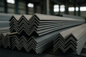  تصویر صنعتی از انبوهی از نبشی‌های فولادی اسپیرال چیده‌شده در انبار بزرگ فلزات، با نور طبیعی و پس‌زمینه‌ی تار کارگاه. 