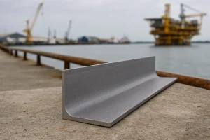 نبشی فولادی دریایی قرار گرفته روی اسکله با پس‌زمینه دریا و سکوی نفتی در دوردست