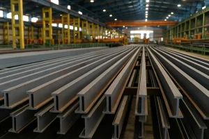  نمای داخلی کارخانه تولید سپری فولادی با ردیف‌های منظم سپری آهنی در حال آماده‌سازی برای ارسال، زیر نور طبیعی و سقف فلزی آبی‌رنگ.
