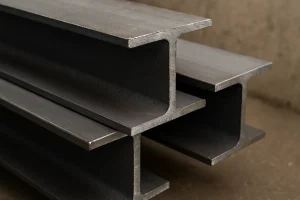 تصویر واقعی از چند تیرآهن ۲۰ فولادی خاکستری که روی زمین صنعتی قرار گرفته‌اند و سطح فلزی و مقطع I شکل آن‌ها مشخص است.
