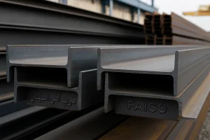  مقایسه واقعی دو تیرآهن تولید ایران؛ یکی متعلق به ذوب‌آهن اصفهان و دیگری از برند فایکو در انبار صنعتی فولاد. 