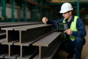 بازرس صنعتی در حال تست التراسونیک تیرآهن‌های فولادی برای کنترل کیفیت در کارخانه تولید فولاد"
