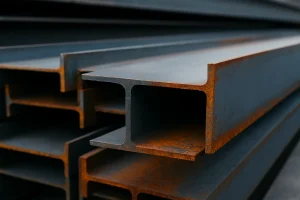 نمای نزدیک از چند تیرآهن فولادی در حالت انبار شده با نشانه‌هایی از زنگ‌زدگی در لبه‌ها و سطح فلز