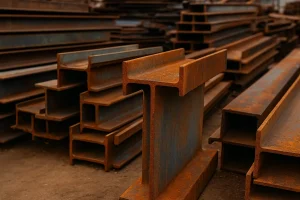 تصویر واقعی از تعدادی تیرآهن دست دوم زنگ‌زده که در انبار فلزات صنعتی روی هم چیده شده‌اند؛ نمای نزدیک از مقاطع I شکل با بافت زنگ‌زدگی و نور طبیعی محیط. 