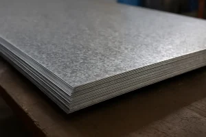 تصویر واقعی از ورق‌های گالوانیزه روی میز کارگاهی، با سطح فلزی براق و الگوی کریستالی خاص پوشش روی.
