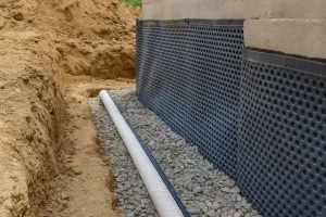  نصب دیمپل‌ شیت در فونداسیون ساختمان برای زهکشی و عایق‌ کاری دیواره زیرزمین، همراه با لوله زهکشی و بستر شن و ماسه در محل پروژه ساختمانی
