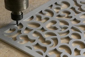  برش دقیق ورق آلومینیوم با دستگاه سی‌ان‌سی، نمایش جزئیات طرح دکوراتیو و سطح براق فلز در حین فرآیند برش
