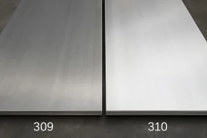 ورق‌های استیل 309 و 310 در کنار هم روی سطح فلزی دیده می‌شوند؛ هر دو براق و صیقلی هستند اما تفاوت جزئی در رنگ و درخشندگی آن‌ها نشان‌دهنده تفاوت در ترکیب آلیاژی‌شان است.
