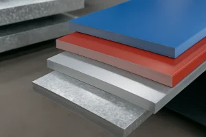  ورق‌های فولادی پوشش‌دار شامل گالوانیزه، آلوزینک و رنگی با رنگ‌های آبی، قرمز و نقره‌ای در محیط صنعتی روی هم چیده شده‌اند.
