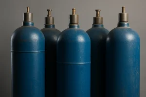 «پنج کپسول گاز صنعتی فولادی آبی‌رنگ با سطح فلزی مقاوم، چیده‌شده در کنار هم در پس‌زمینه خاکستری»**
