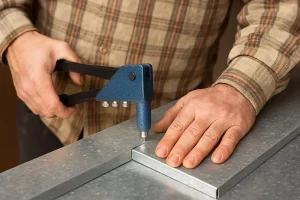 کارگر در حال استفاده از دستگاه پرچ دستی برای اتصال دو ورق فلزی گالوانیزه؛ نمای نزدیک از دستان او و ابزار آبی‌رنگ پرچ‌کاری روی سطح فلز.