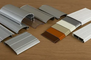  نمونه‌های واقعی از تیغه‌های کرکره برقی آلومینیومی، گالوانیزه و پلی‌کربنات در رنگ‌ها و طرح‌های مختلف روی سطح چوبی — نمایش انواع ورق کرکره برقی برای مقایسه کیفیت و جنس.
