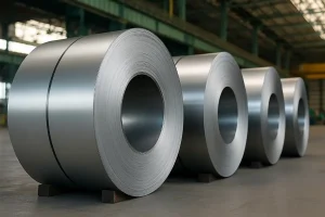 «چهار رول بزرگ ورق روغنی نورد سرد با سطح براق و نقره‌ای در داخل یک سالن صنعتی، چیده‌شده روی پایه‌های چوبی در کف کارخانه فولاد.»