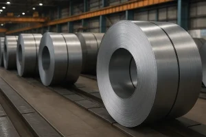  نمای نزدیک از رول‌های بزرگ ورق فولادی در داخل کارخانه تولید فولاد، با سطح براق و خطوط منظم در فضایی صنعتی و روشن.
