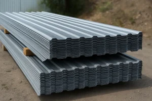  ورق‌های فلزی کانکس خاکستری رنگ که به‌صورت مرتب روی هم چیده شده‌اند در فضای باز.
