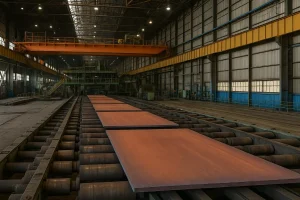 نمایی از کارخانه تولید ورق آلیاژی در ایران با خطوط نورد گرم و صفحات فولادی ضخیم در حال حرکت روی غلتک‌ها، نشان‌دهنده فرآیند تولید ورق‌های صنعتی و فولادی.
