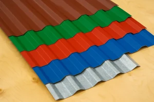  تصویر واقعی از چند ورق ایرانیت فلزی (گالوانیزه) رنگی شامل رنگ‌های آبی، قرمز، سبز و قهوه‌ای که روی سطح چوبی قرار گرفته‌اند.
